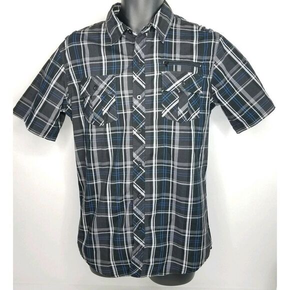 Burnside Mens Button-up Short Sleeve Plaid Shirt w/ Pockets and Zipper Detail M - Picture 1 of 4